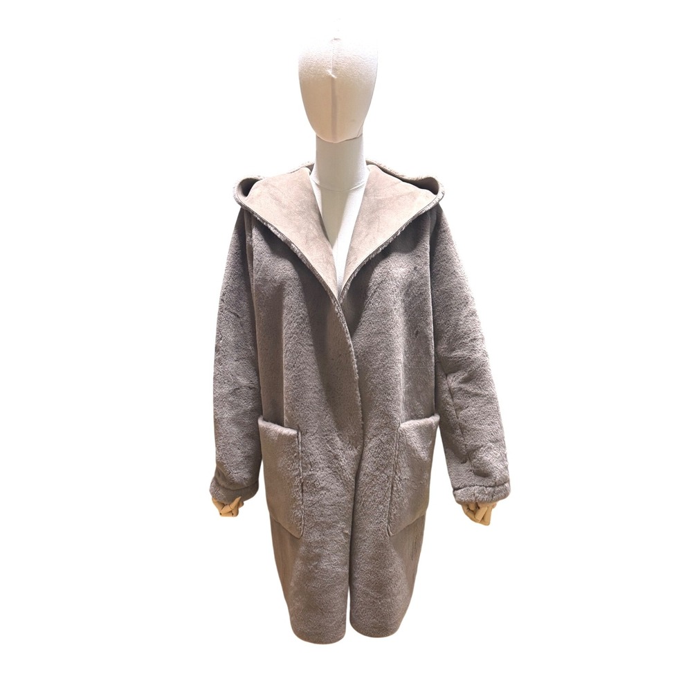 ZARA Faux Fur Reversible Hooded Coat in Taupe Size Small